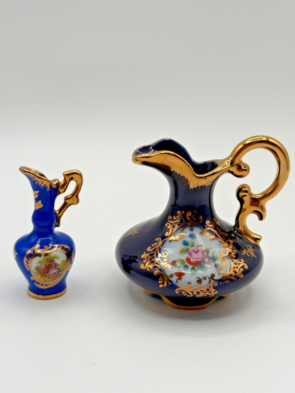 Vintage Limoges France Miniature Porcelain Ewer Pitcher Lot Cobalt Gold 22k